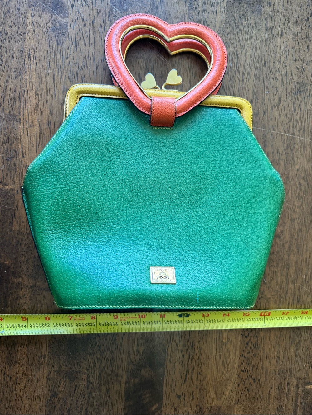 RARE Vintage Moschino Redwall Heart Handle Bag 90s Colorblock Leather Novelty - Picture 7 of 16